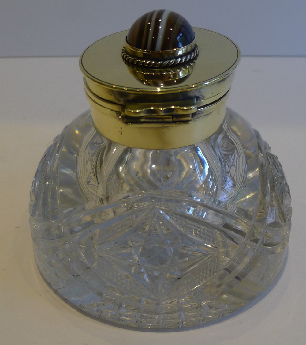 Mammoth Antique English Partners Desk Inkwell With Agate Mount c.1860