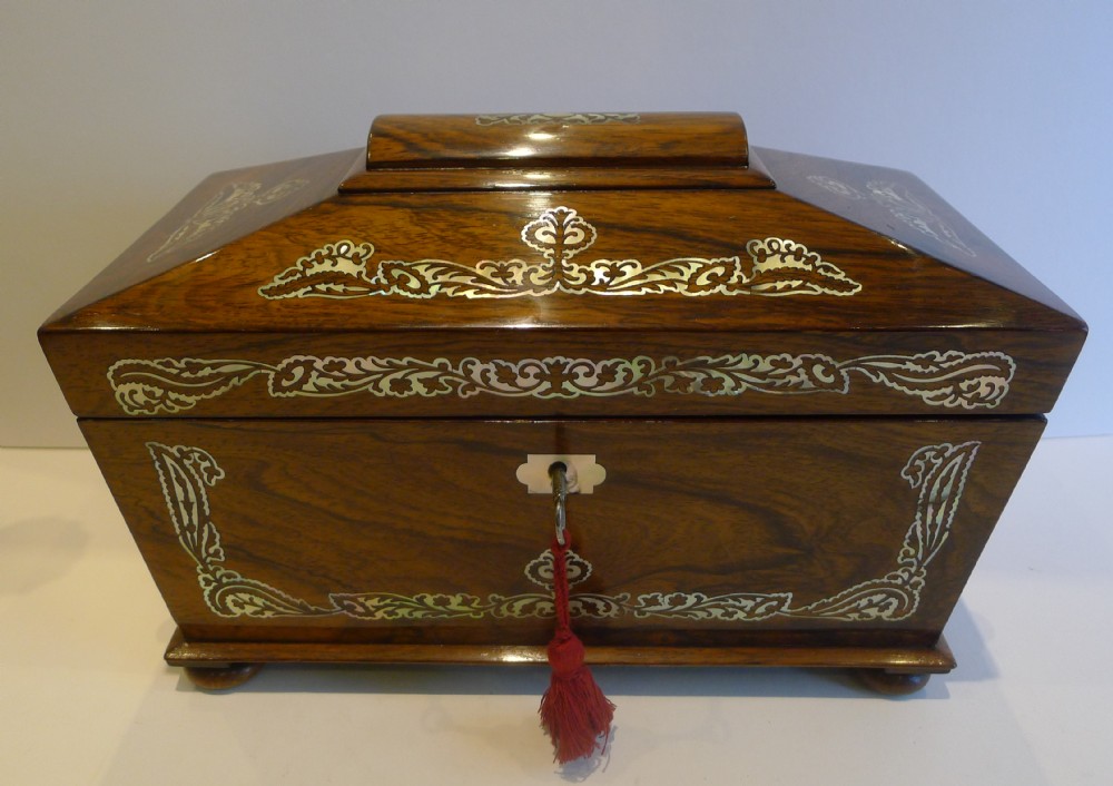 Antique English Mother of Pearl Inlaid Rosewood Tea Caddy c.1830