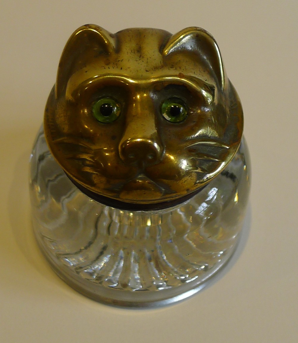 Fabulous Antique English Glass & Brass Cat Inkwell - Original Glass Eyes