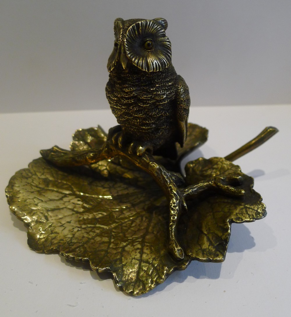 Charming Antique Figural English Desk Tray and Inkwell - Owl With Glass Eyes