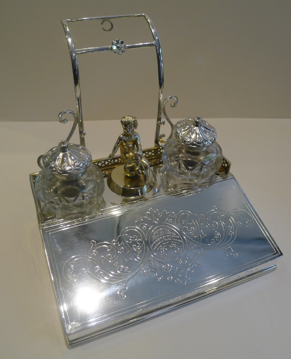 Rare Antique Figural Desk Box & Inkwell - Cherub - 1879