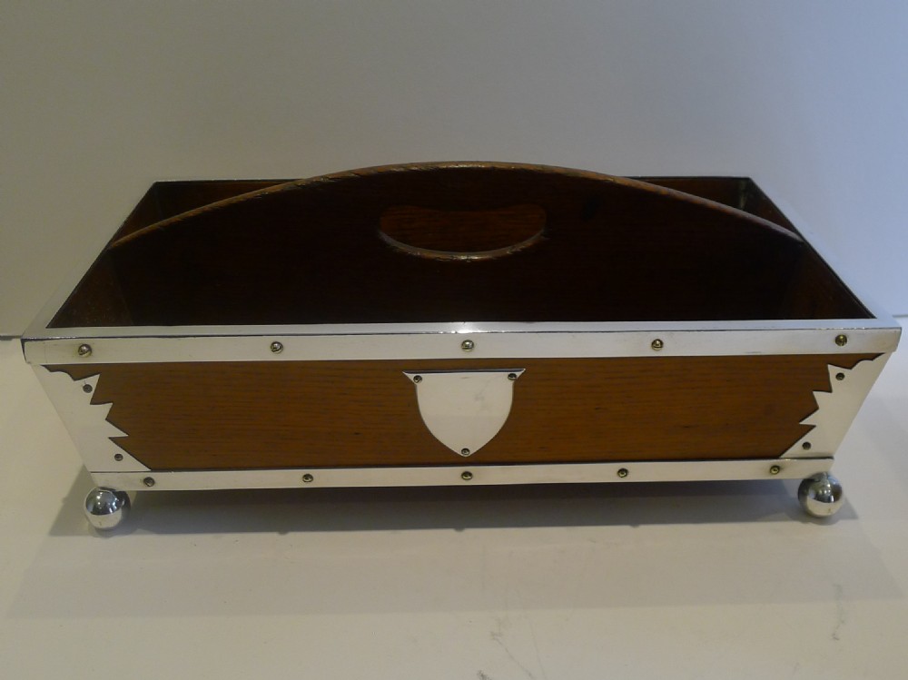 Outstanding Antique English Oak and Silver Plated Cutlery Tray c.1890