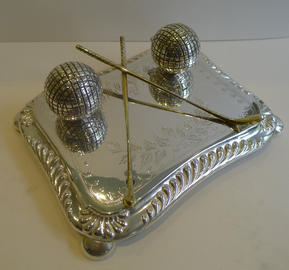 Antique English Novelty Silver Plated Inkwell - Golf - c.1900