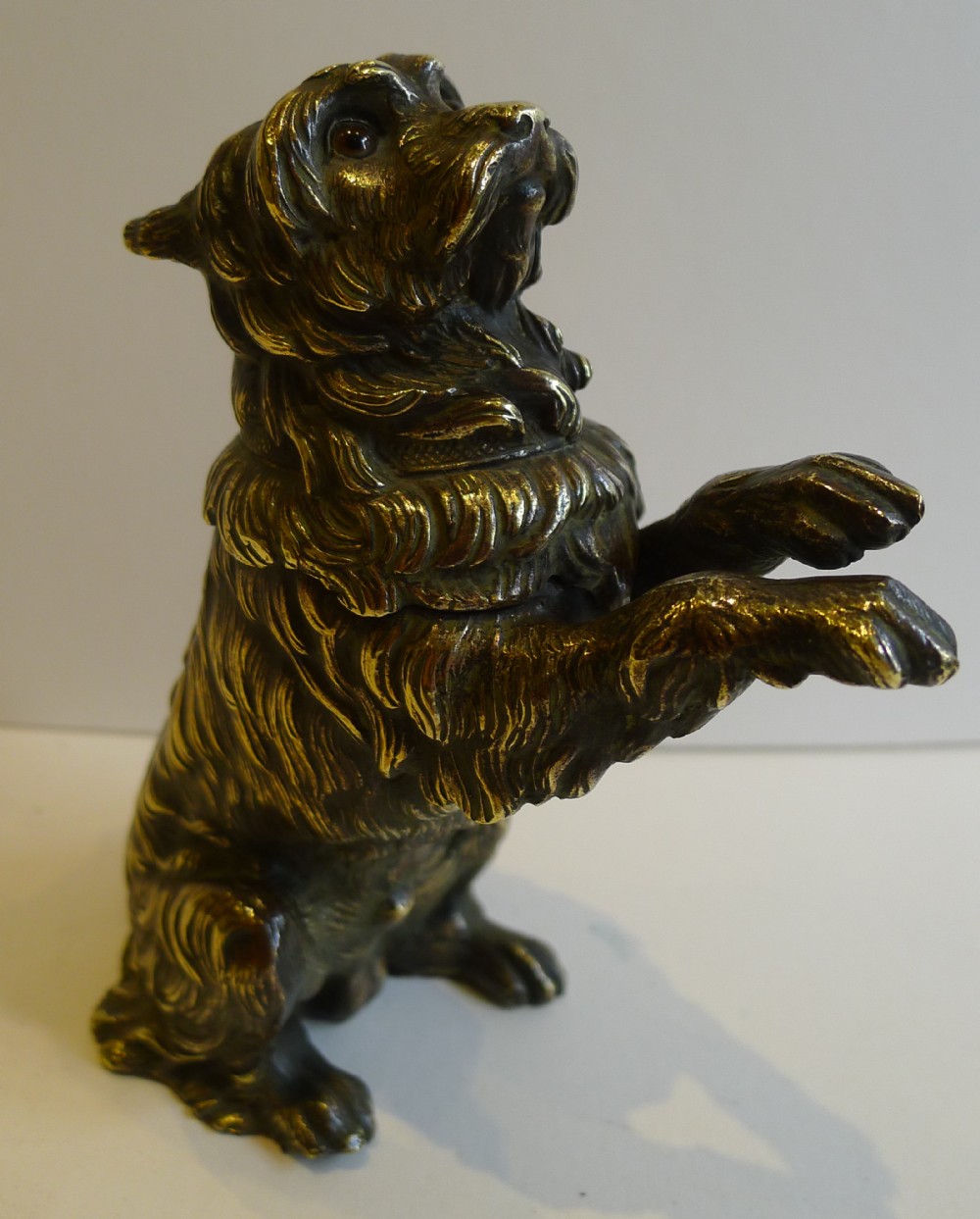 Charming Antique English Bronze Figural Inkwell - Begging Dog With Original Glass Eyes