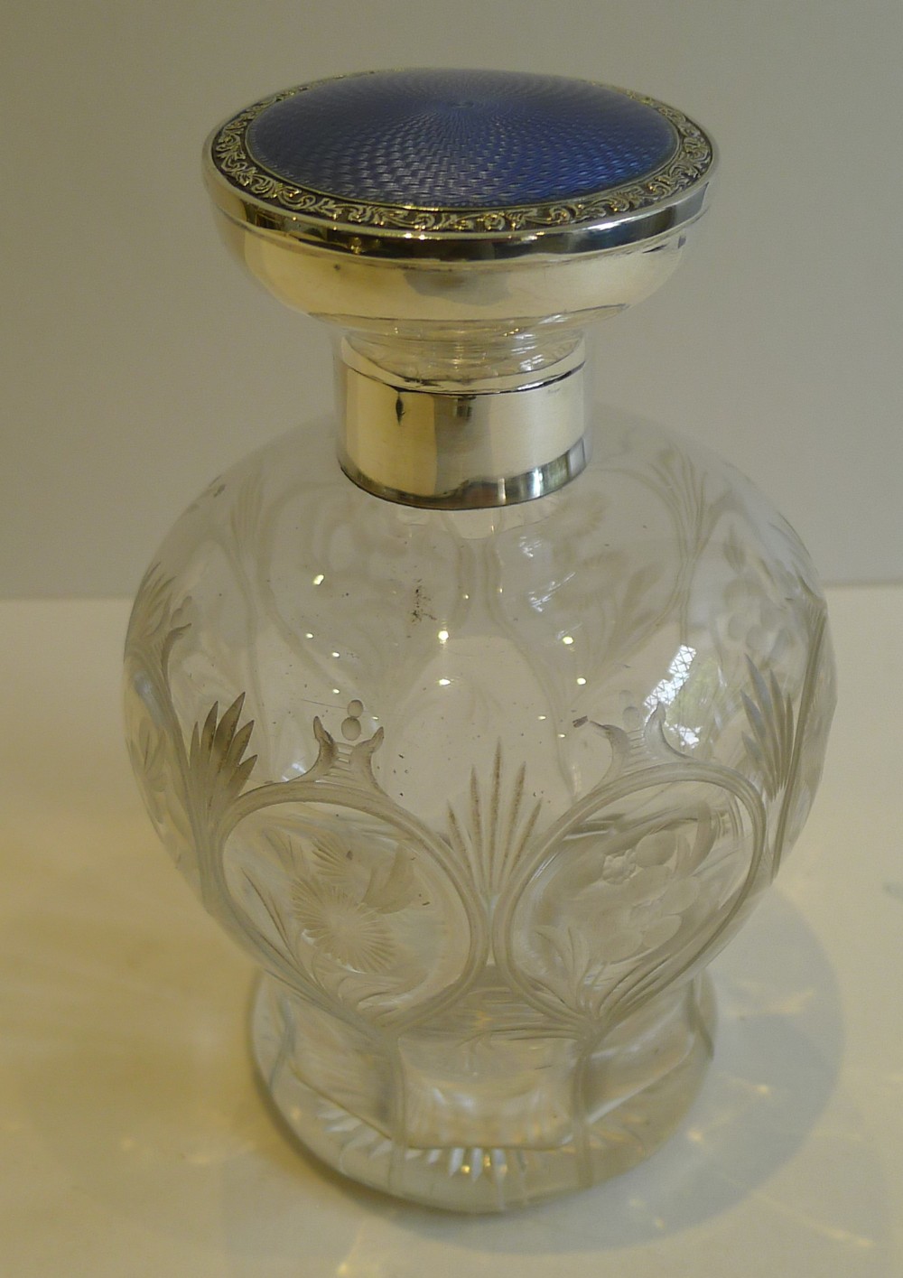Stunning English Crystal, Sterling Silver and Guilloche Enamel Perfume Bottle - 1924