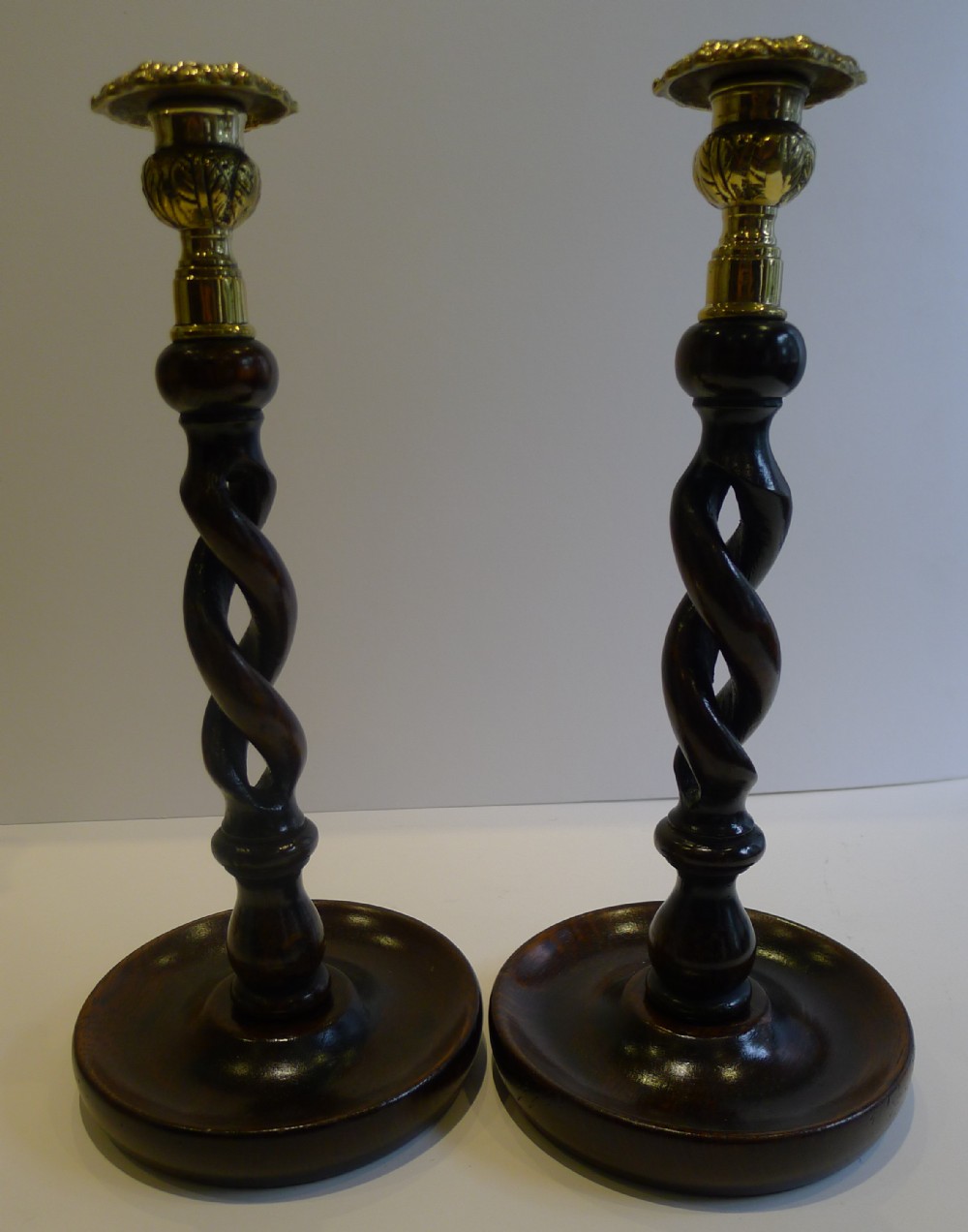 Pair Antique English Oak Open Barley Twist Candlesticks - Brass Thistle Tops