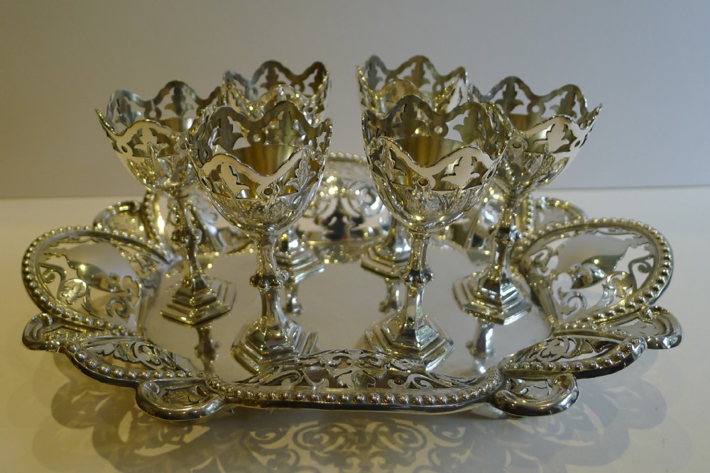 Antique English Silver Plated Set Six Egg Cups on Reticulated Tray c.1890