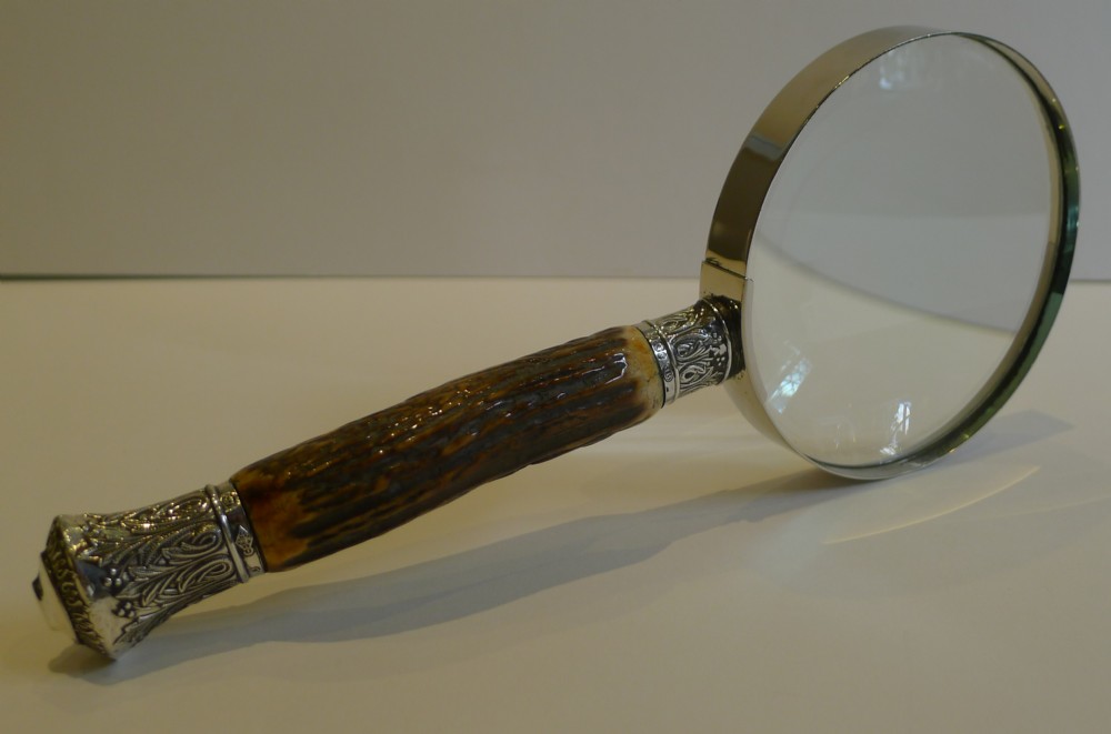 Grand Antique English Antler Horn & Sterling Silver Magnifying Glass - 1881