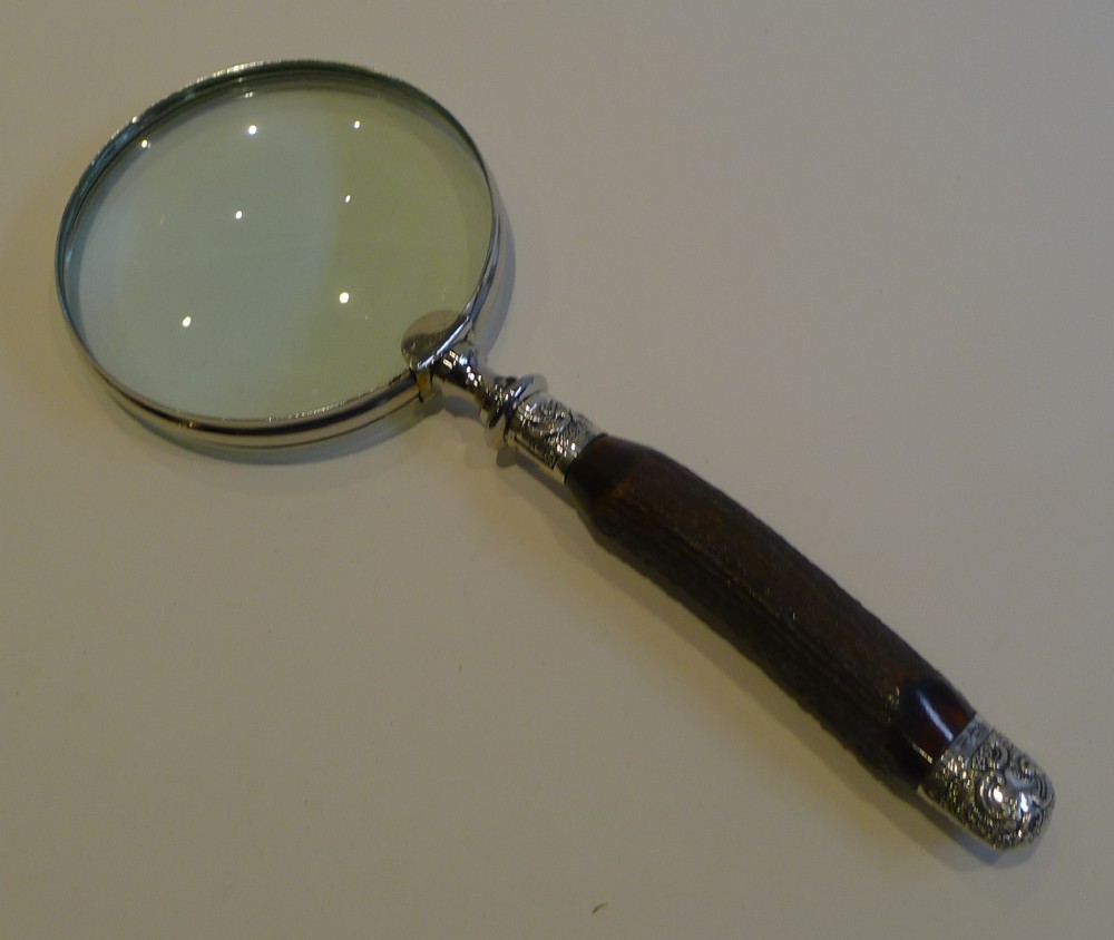 Antique English Antler Horn & Sterling Silver Handled Magnifying Glass