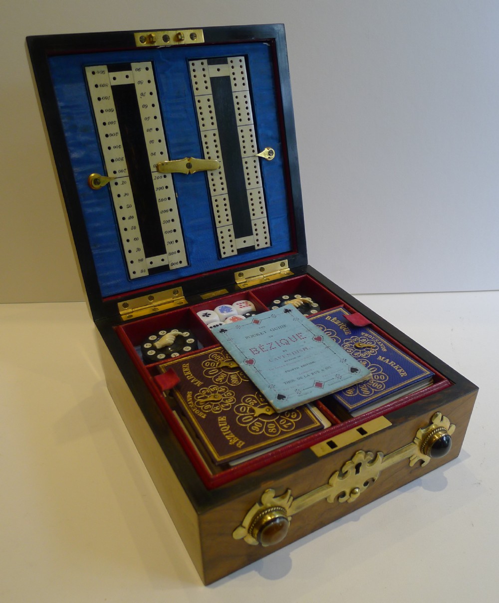 Superb Fitted Brass and Agate Mounted Walnut Games Box c.1870