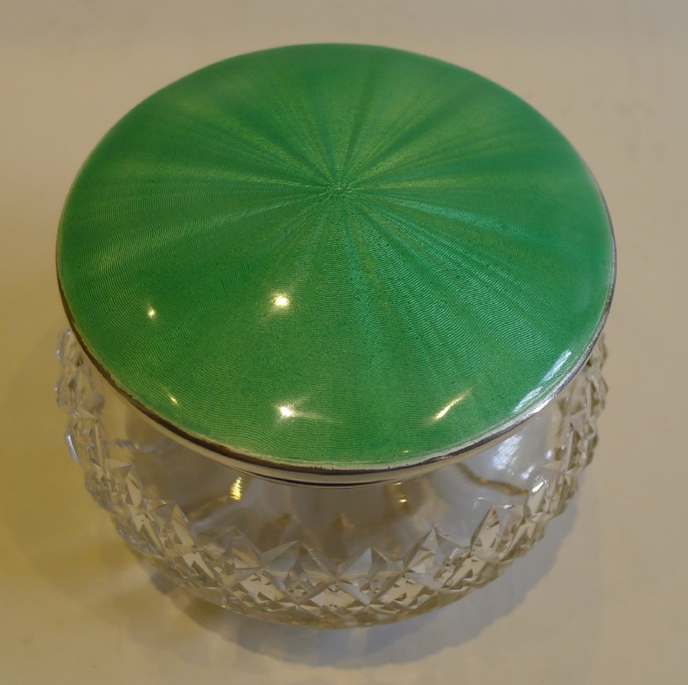 English Cut Crystal Powder Box - Sterling Silver and Green Guilloche Enamel Lid - 1935