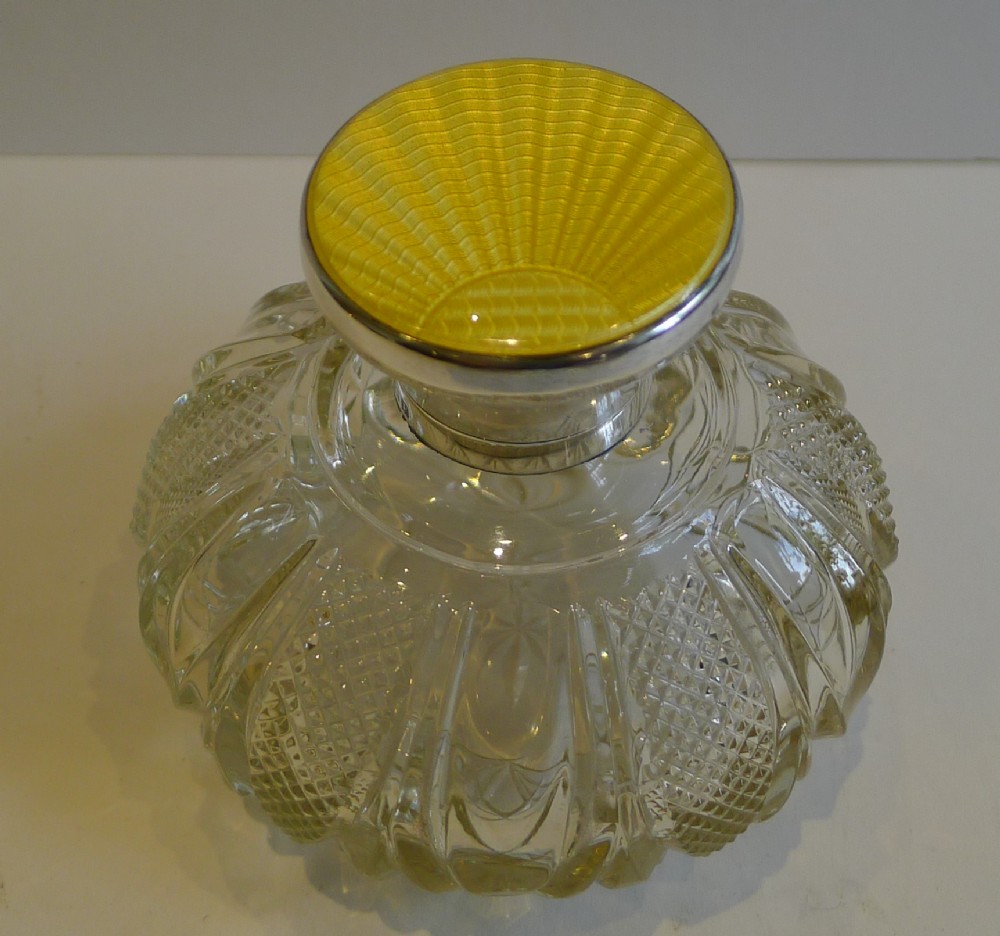 Sterling Silver and Yellow Guilloche Enamel Perfume Bottle - 1930