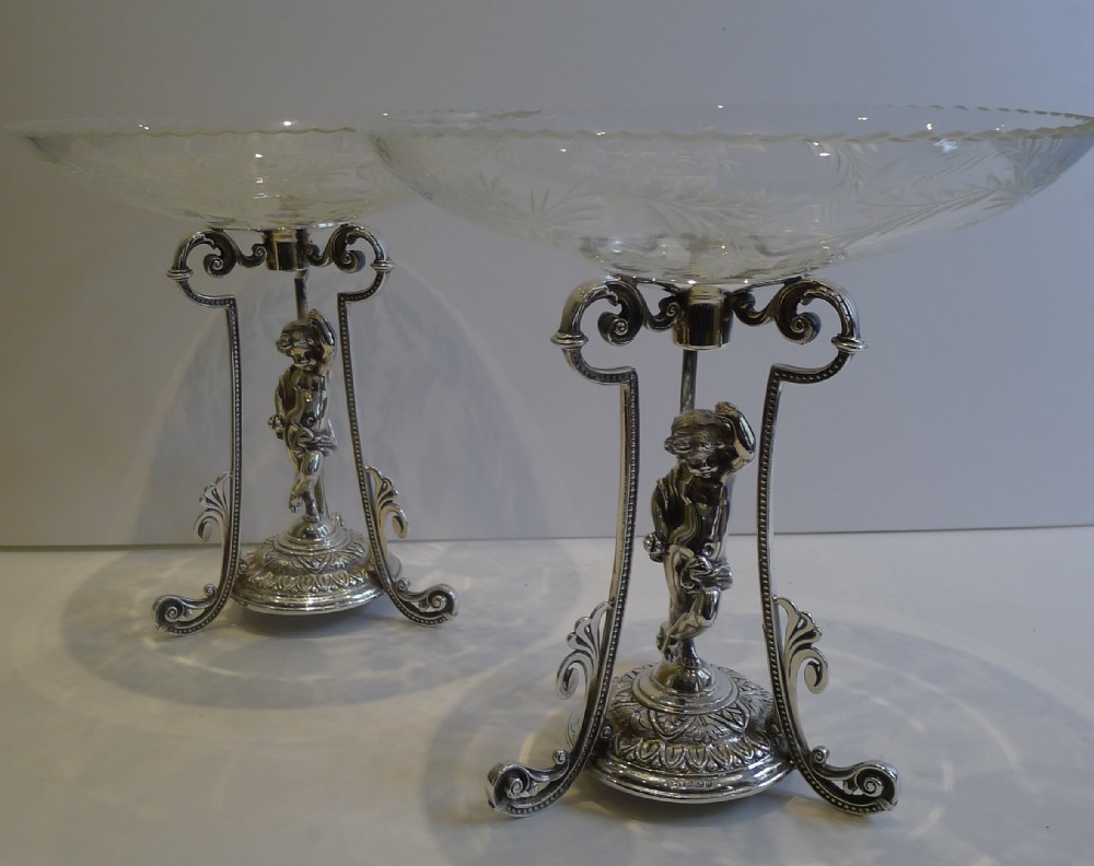 Top Quality Pair of Antique Silver Plate and Glass Tazzas c.1860 - Cherubs