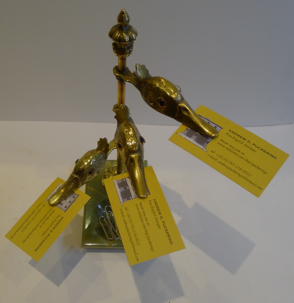 Rare Early Twentieth Century Figural Desk Tidy - Brass Ducks With Glass Eyes c.1910