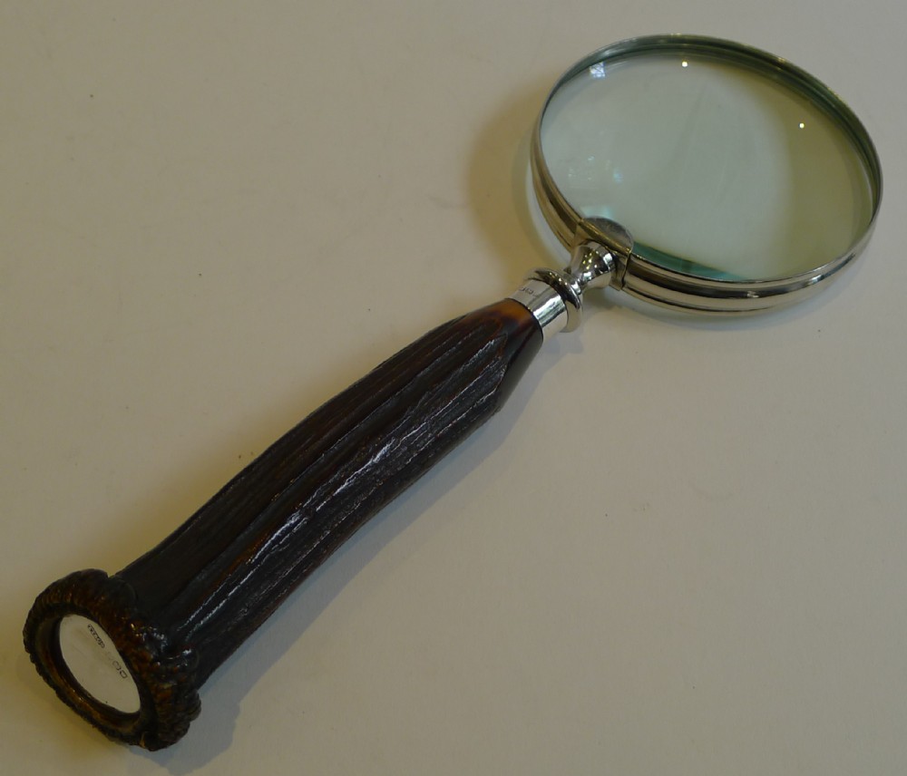 English Antler Horn and Sterling Silver Handled Magnifying Glass - 1917