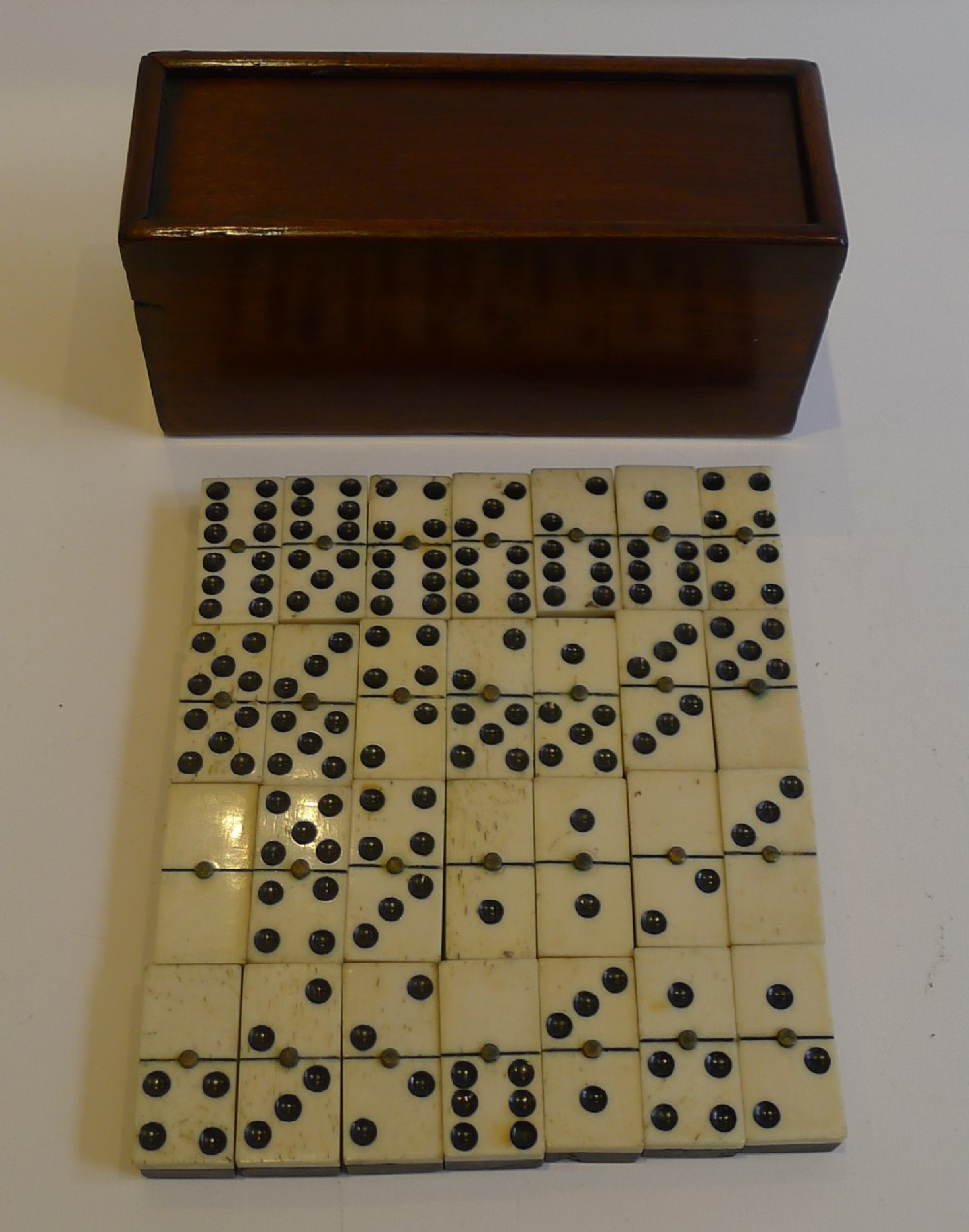 Antique English Boxed Set Bone & Ebony Wood Dominoes c.1890