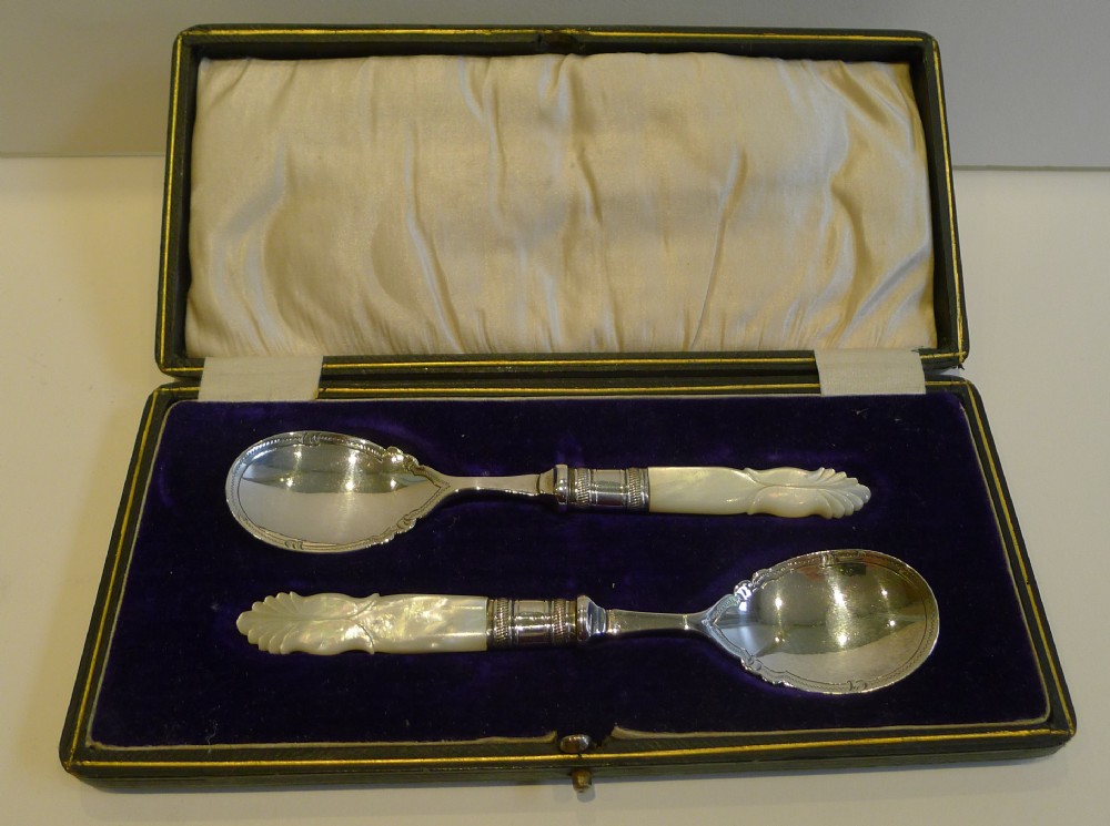 Pair Boxed Antique English Silver Plate and Mother of Pearl Jam Spoons