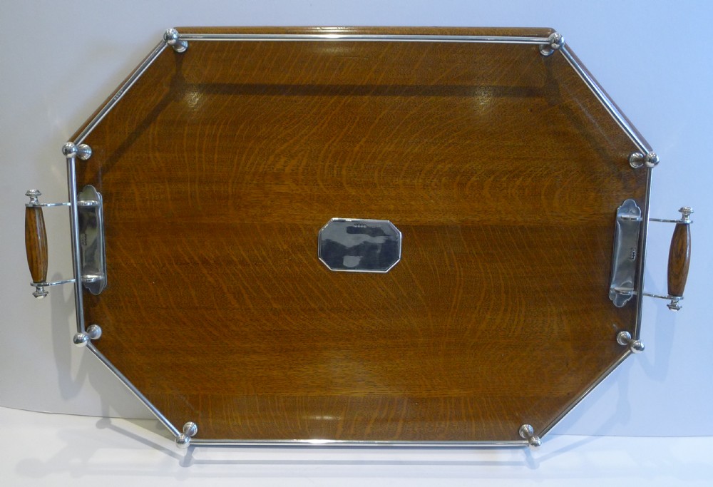 Large Antique English Oak and Silver Plated Tray c.1890