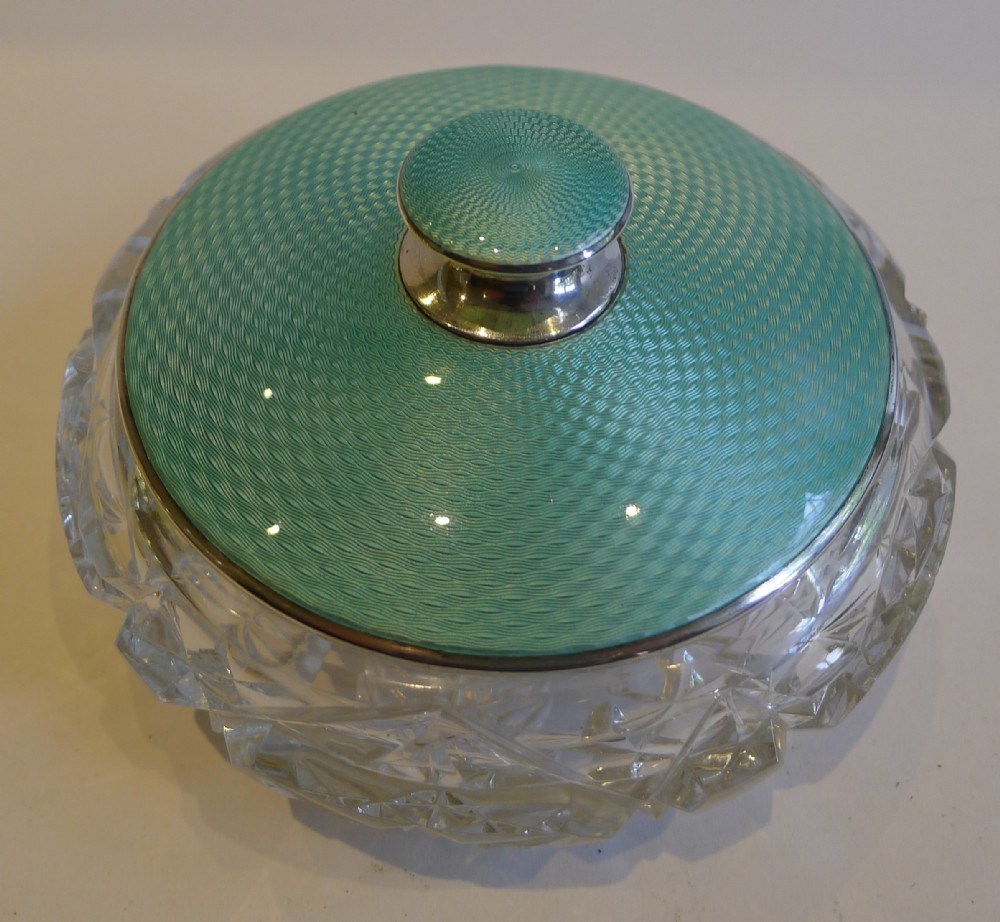 Heavy Cut Crystal Bowl With English Sterling Silver and Guilloche Enamel Lid