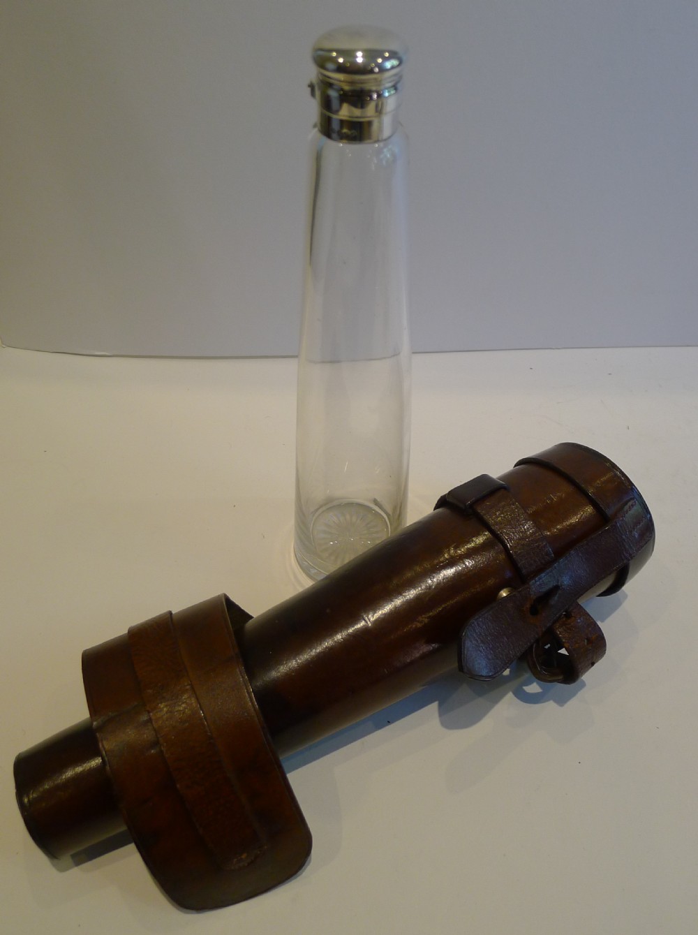 Top Quality Antique English Sterling Silver Topped Hunting Flask In Leather Case - 1881