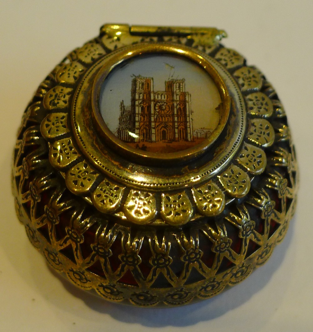 Antique French Cranberry Glass and Eglomise Pill Box c.1880 - Notre Dame