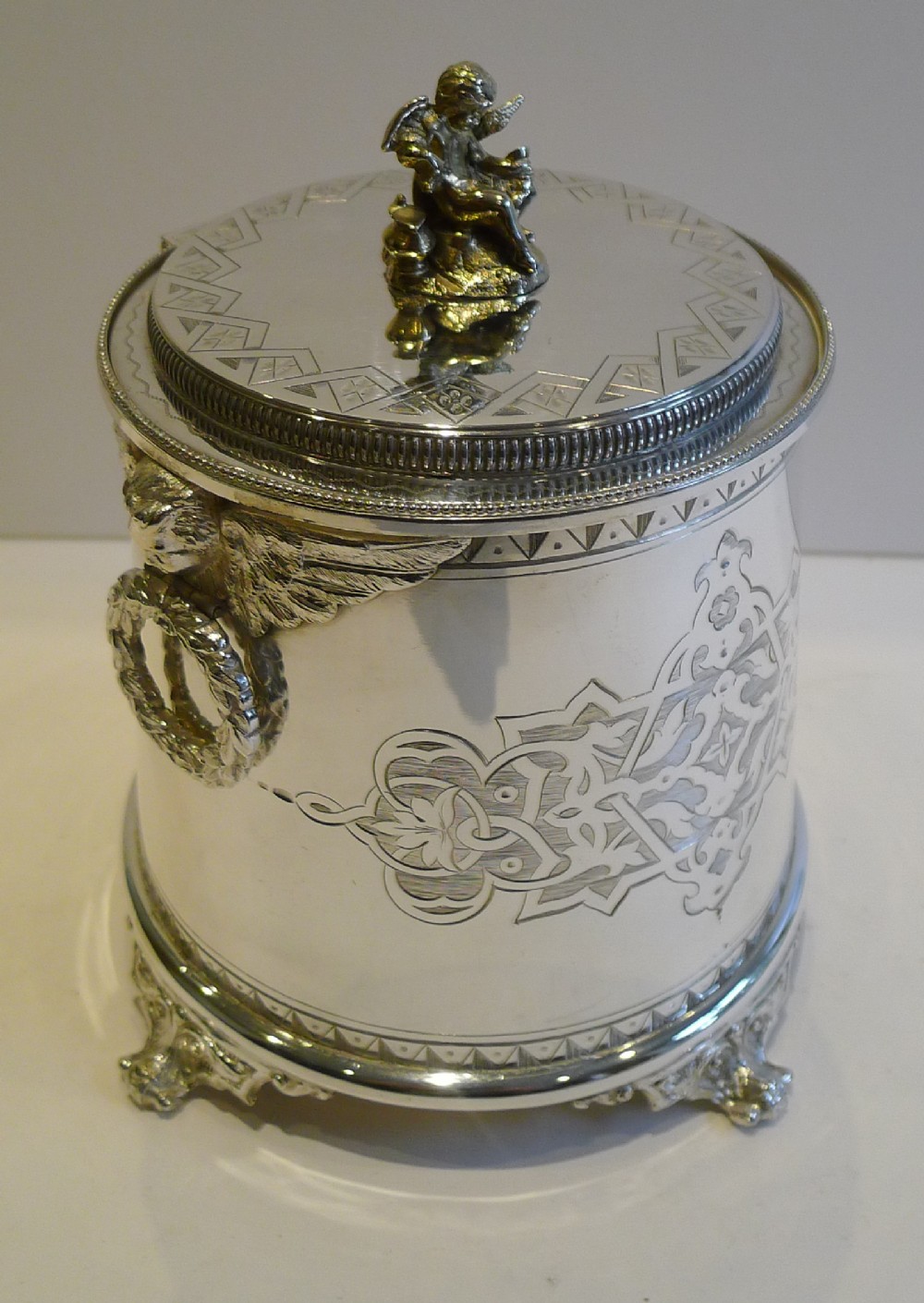 Antique English Figural Biscuit Box c.1880 In Silver Plate - Cherubs