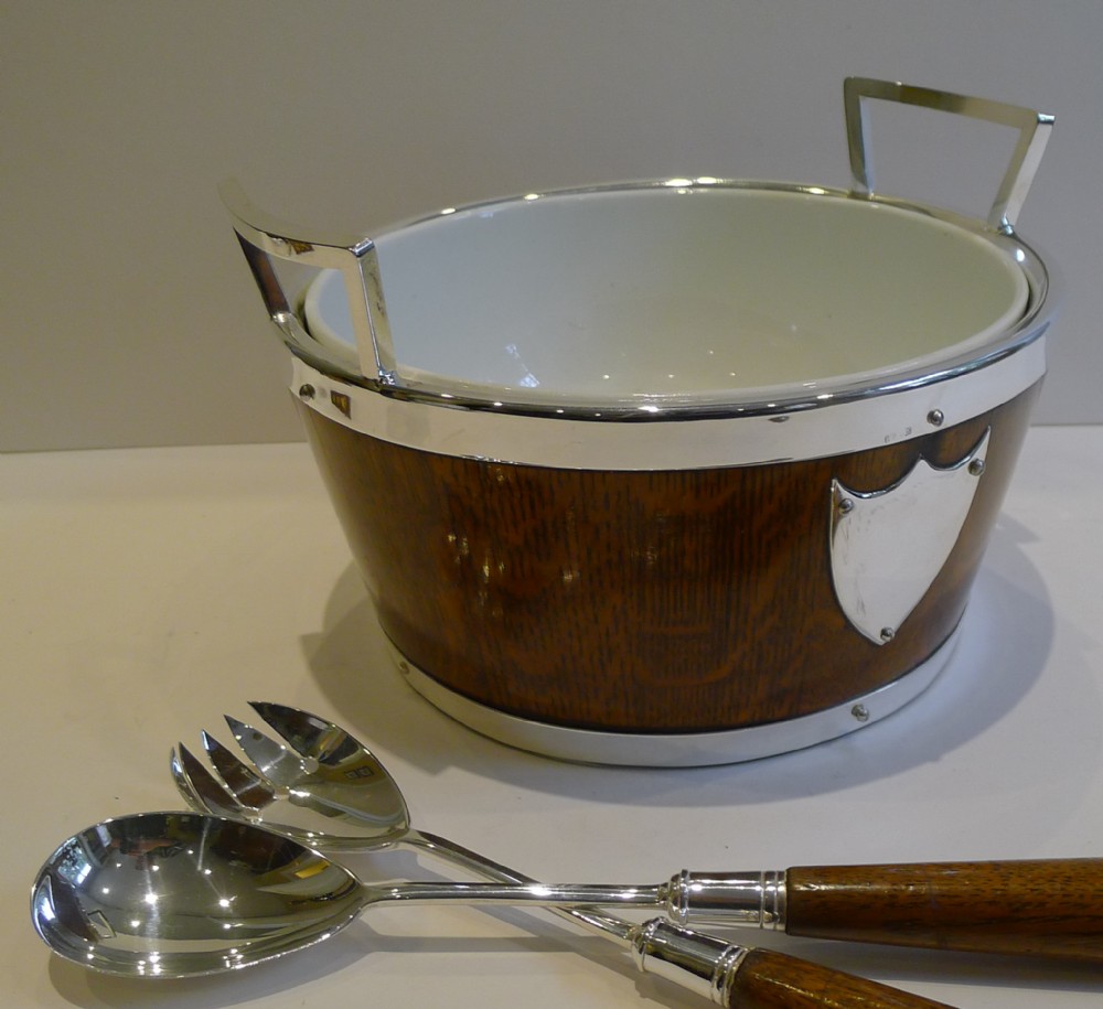 Antique English Oak and Silver Plated Salad Bowl and Servers c.1890 by Daniel and Arter