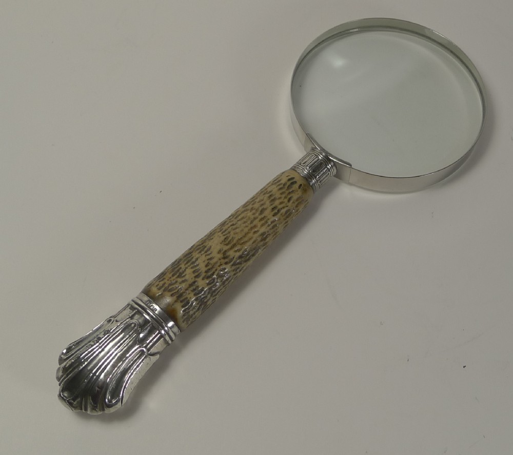English Antler Horn & Sterling Silver Magnifying Glass - 1917