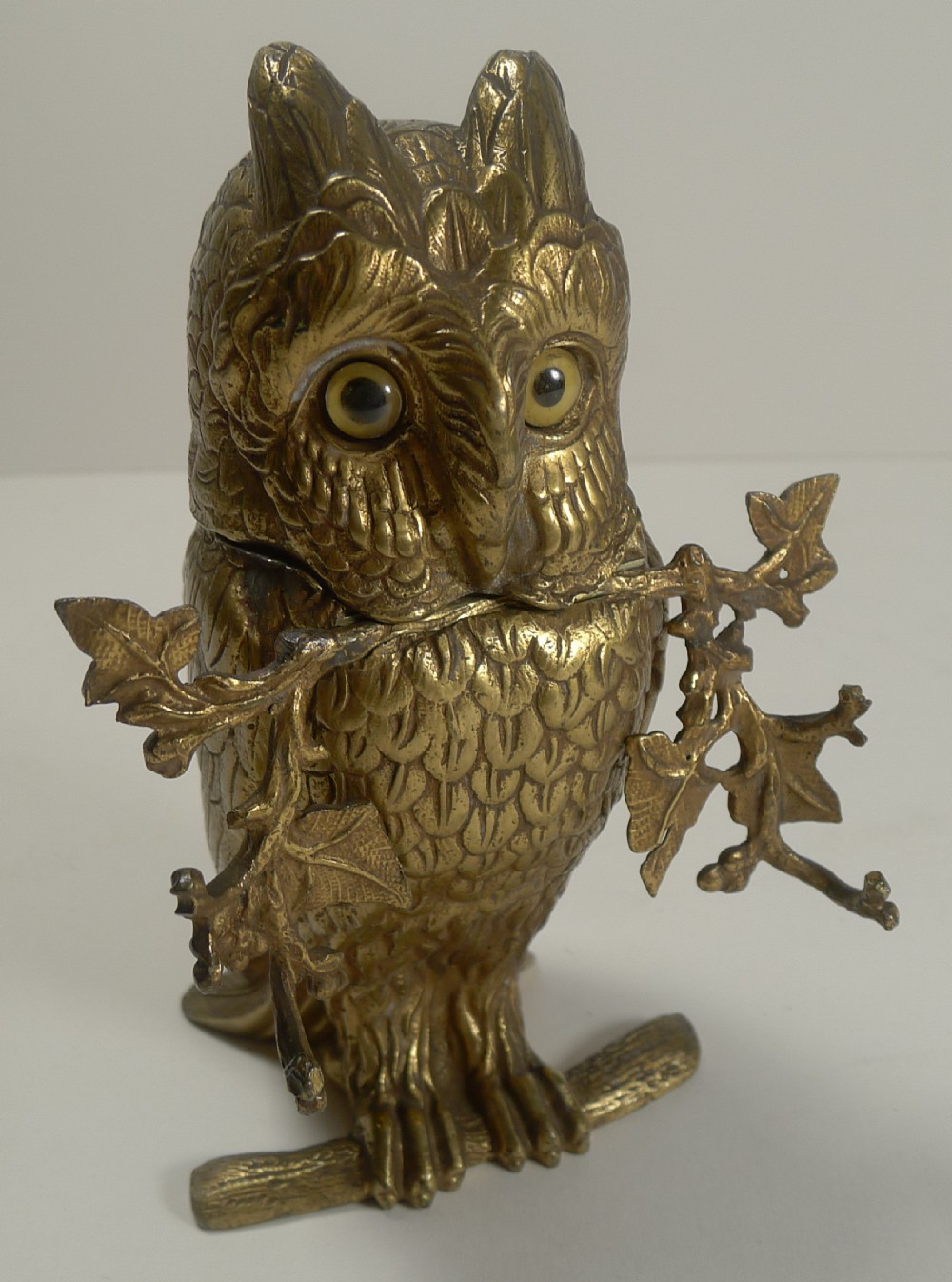 Fabulous Antique Figural Inkwell - Gilded Bronze Owl With Glass Eyes