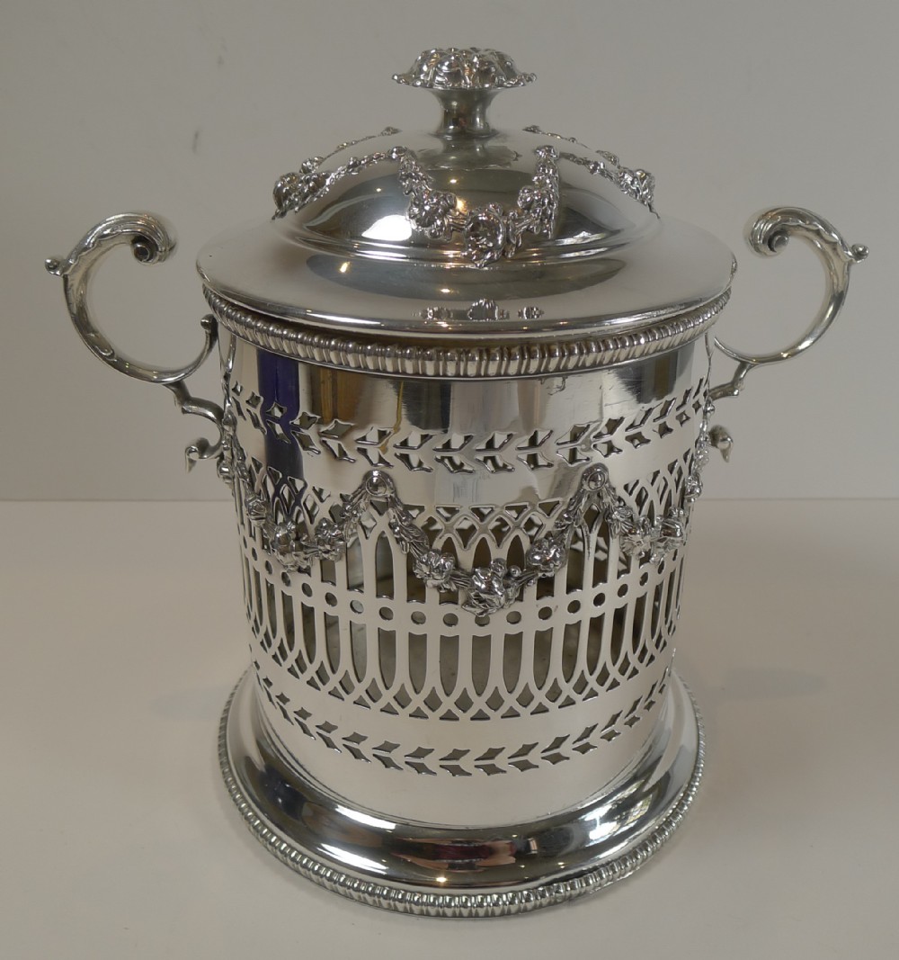 Stunning Antique English Silver Plated Biscuit Box With Blue Glass Liner c.1880