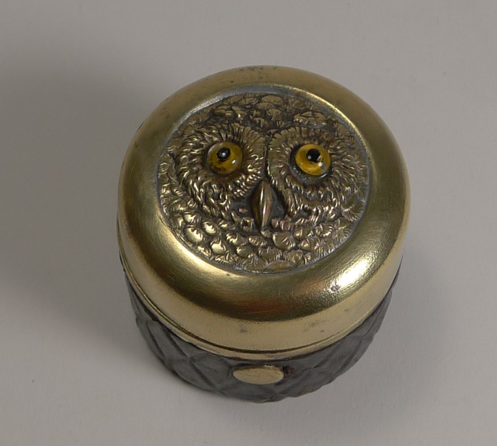 Unusual Antique Travel Inkwell -Figural - Owl With Glass Eyes c.1900