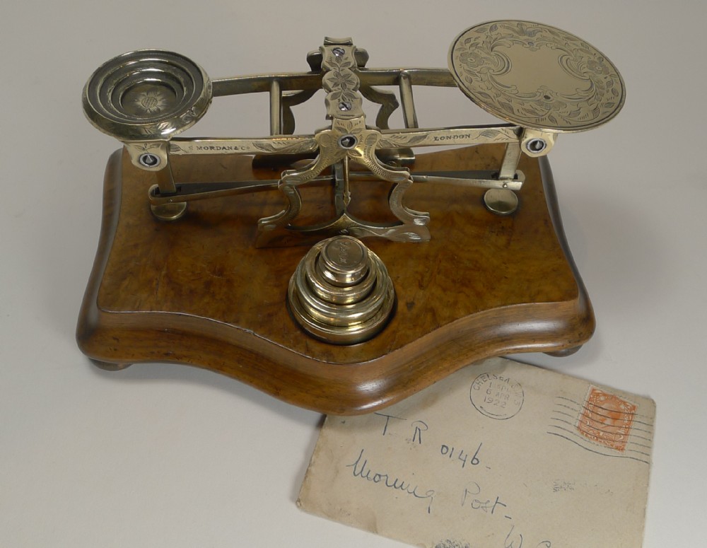 Top Notch Burl Walnut & Engraved Brass Postage Scale by Samson Mordan c.1880