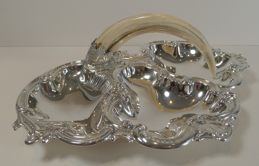 Antique English Silver Plated Cocktail Dish With Boar Tusk Handle c.1900