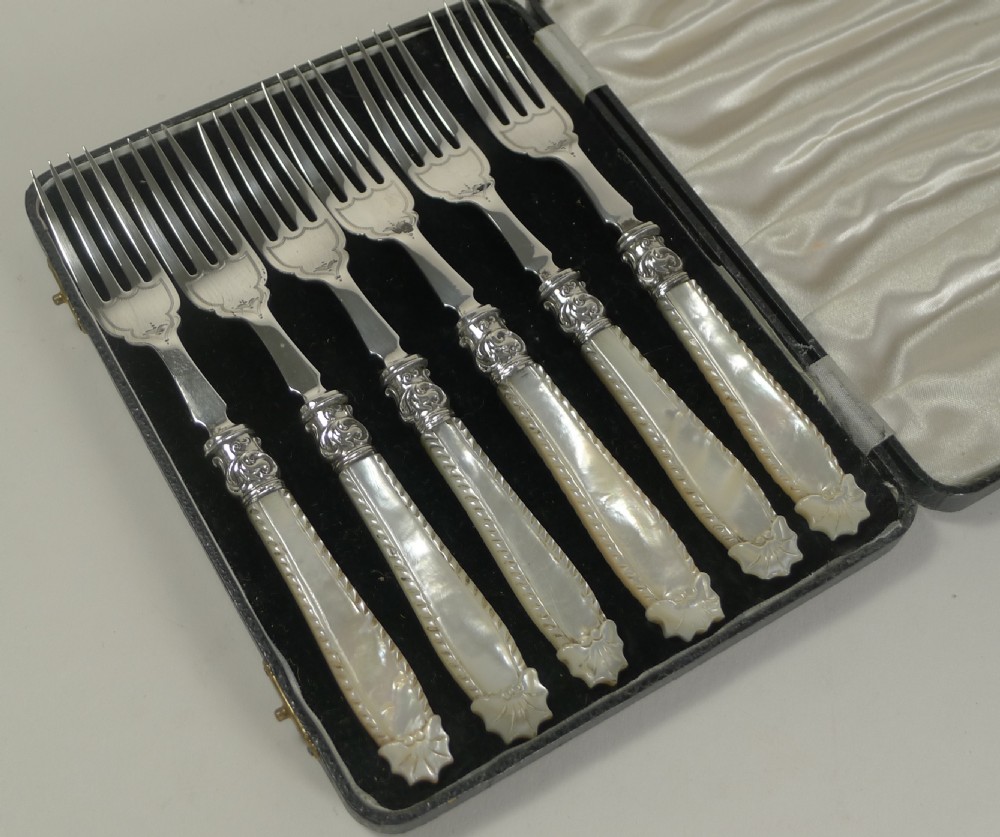 Antique English Sterling Silver & Mother of Pearl Cake or Desert Forks - 1912