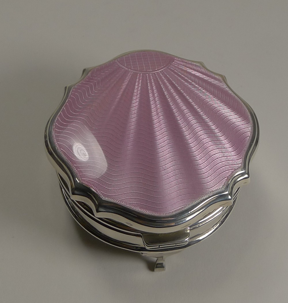 English Art Deco Sterling Silver and Guilloche Enamel Jewellery or Trinket Box - 1929