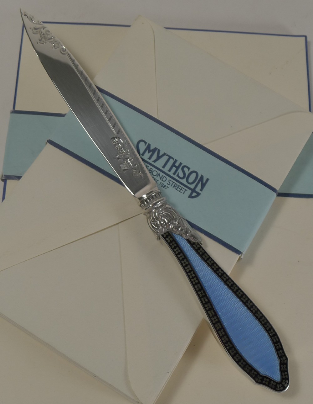 Antique English Sterling Silver and Blue Guilloche Enamel Letter Opener - 1912