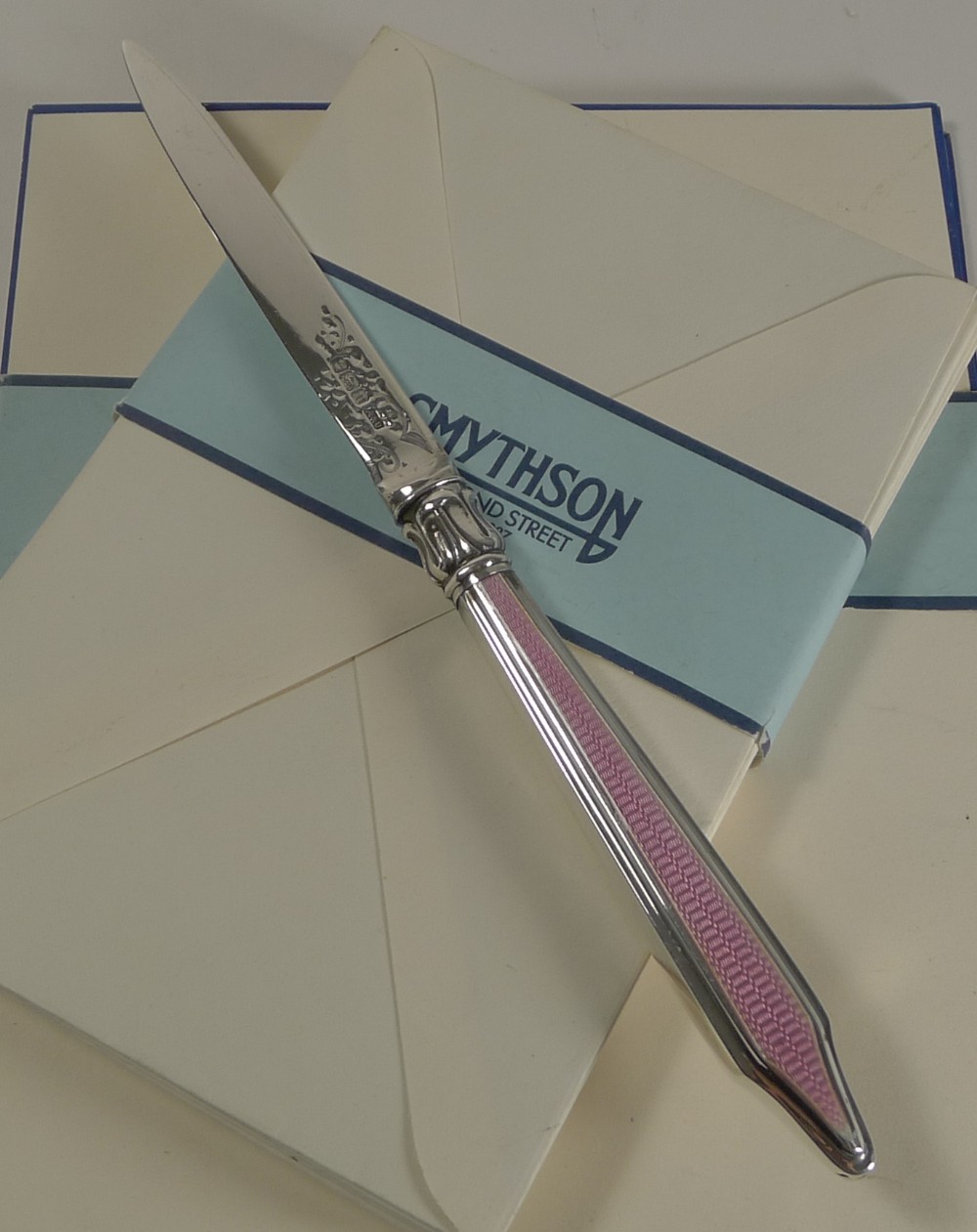 English Sterling Silver & Pink Guilloche Enamel Letter Opener