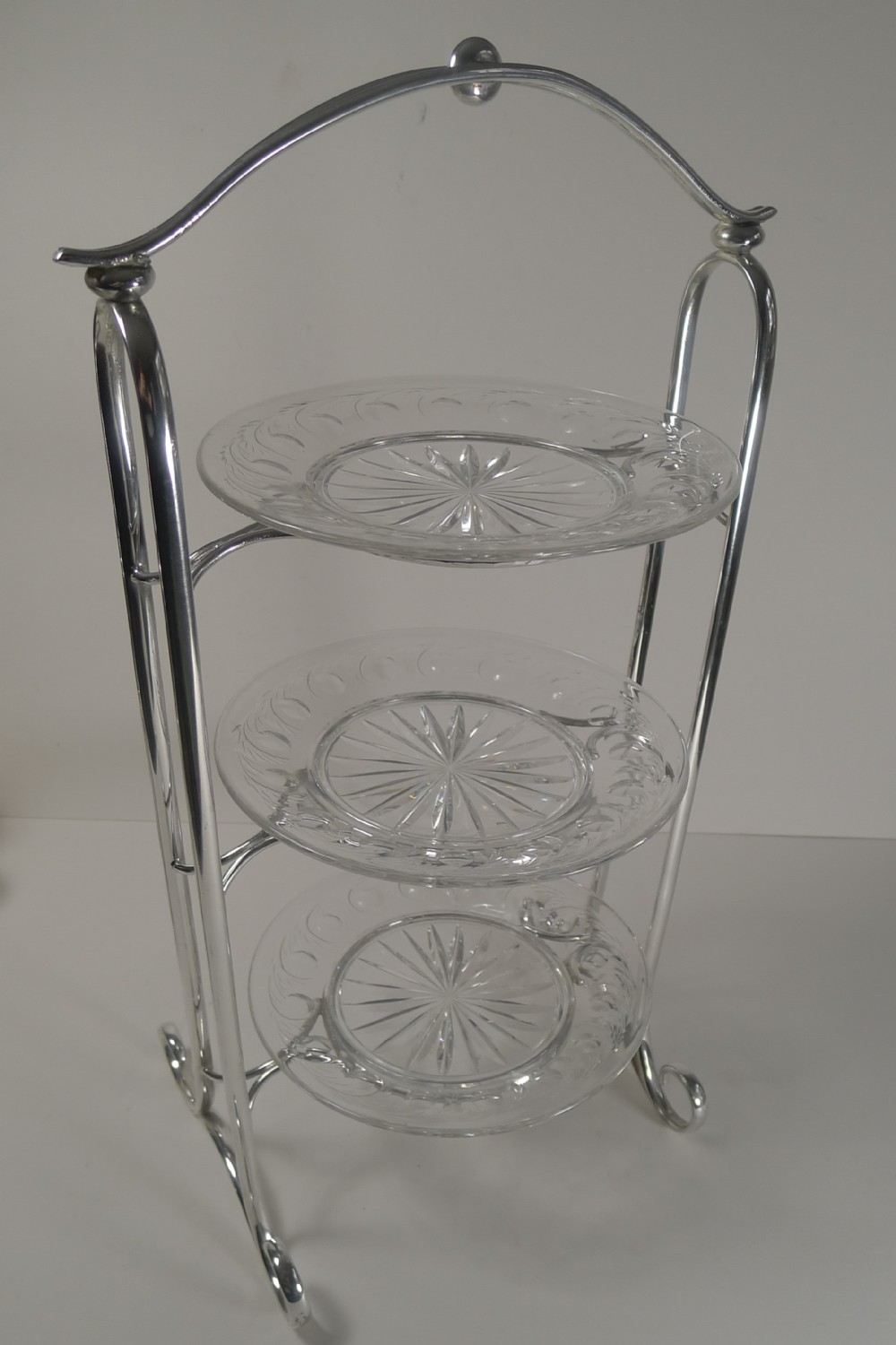 Antique English Silver Plate and Cut Crystal Three Tier Cake Stand