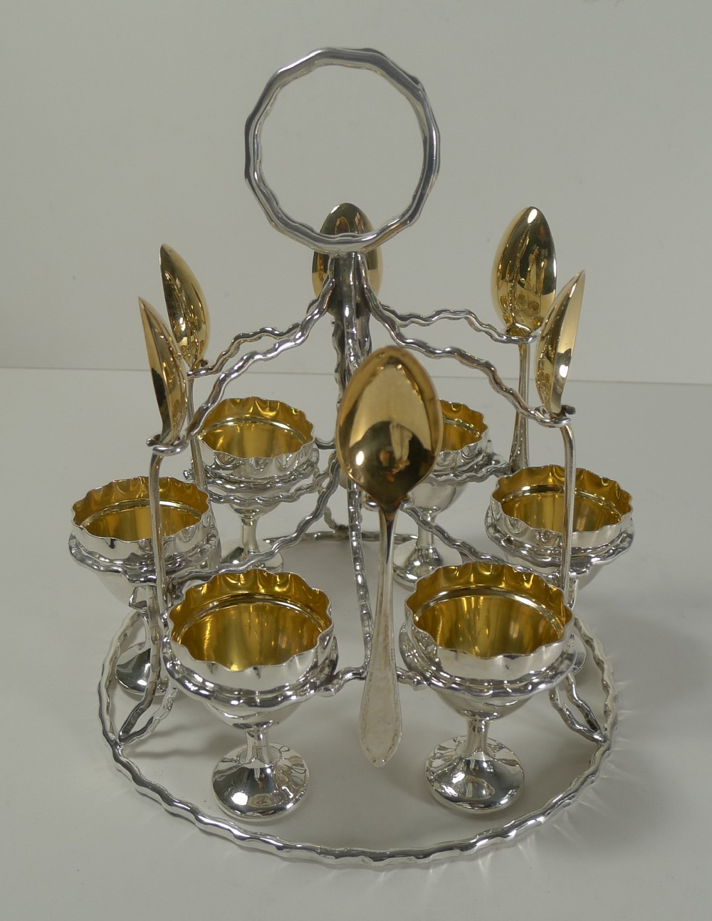 Unusual Antique English Silver Plated Egg Cruet For Six c.1900