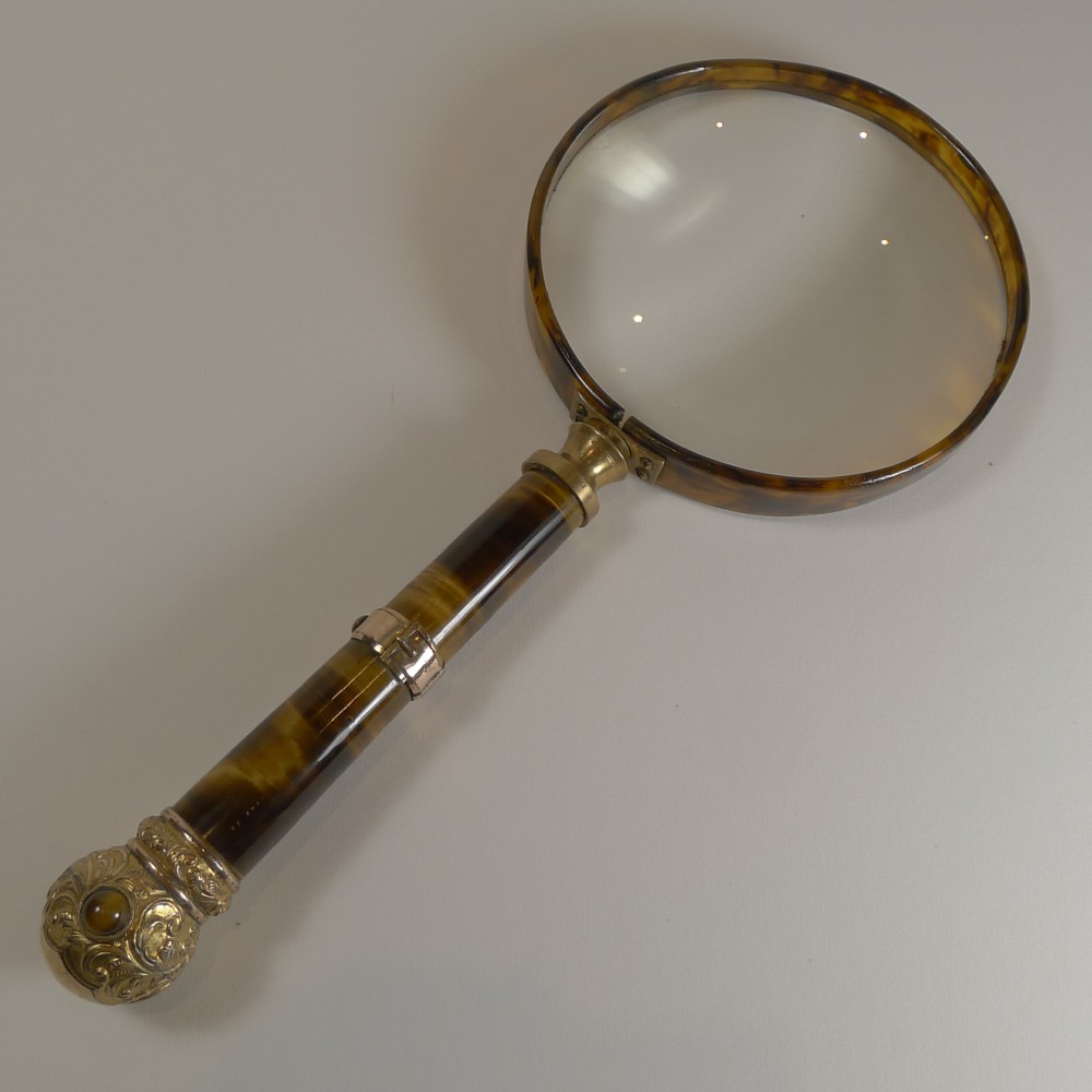 Grandest Antique English Magnifying Glass - Rare Tigers Eye Handle c.1890