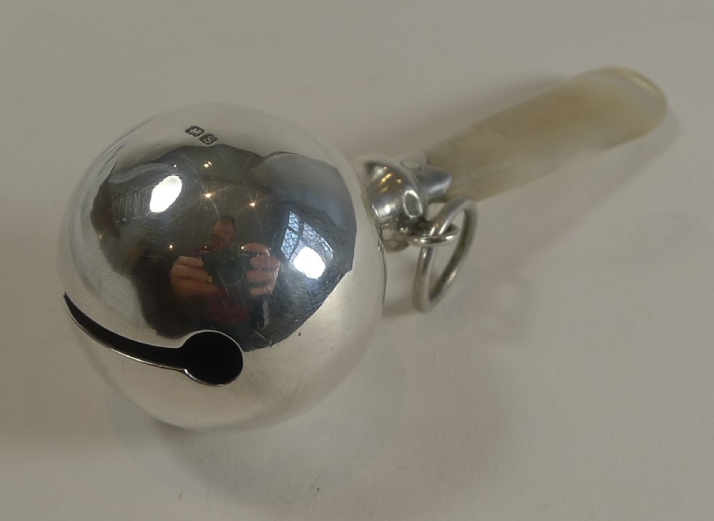 English Sterling Silver and Mother of Pearl Rattle by George Unite