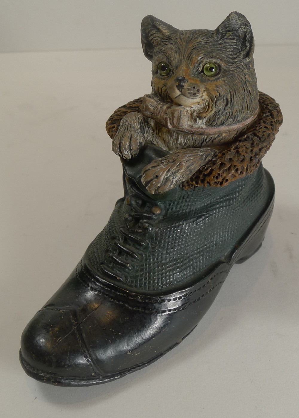 Fabulous Antique English Painted Terracotta Figural Inkwell - Cat In Boot c.1890