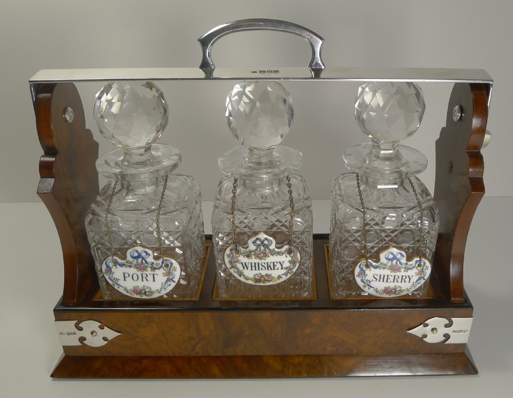 Rare Antique English Burr Walnut and Sterling Silver Tantalus - 1901