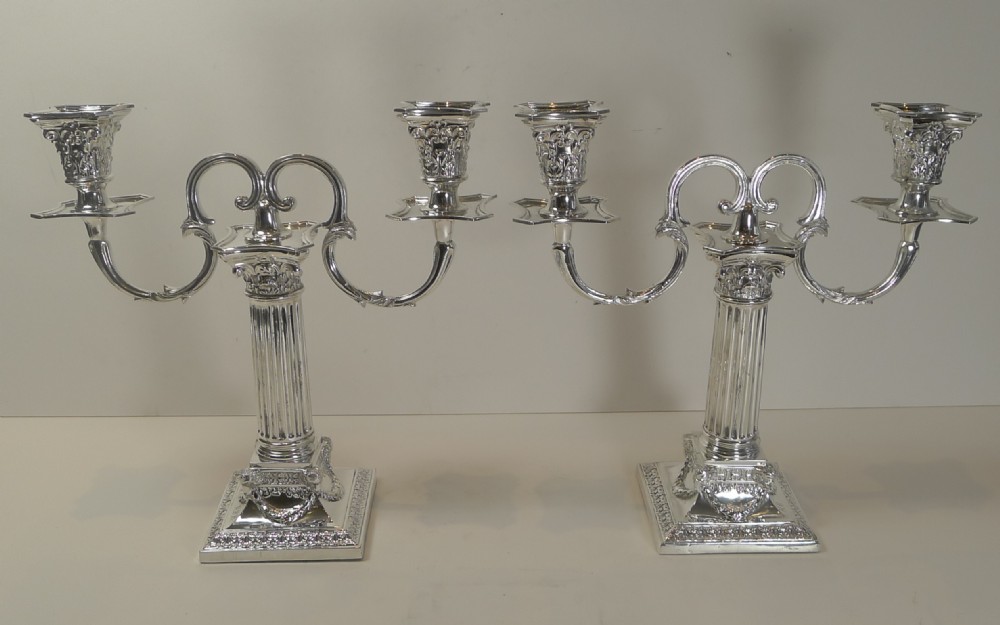 Fabulous Small Pair Corinthian Column Antique English Two Arm Candelabra - Rams Head - 1893