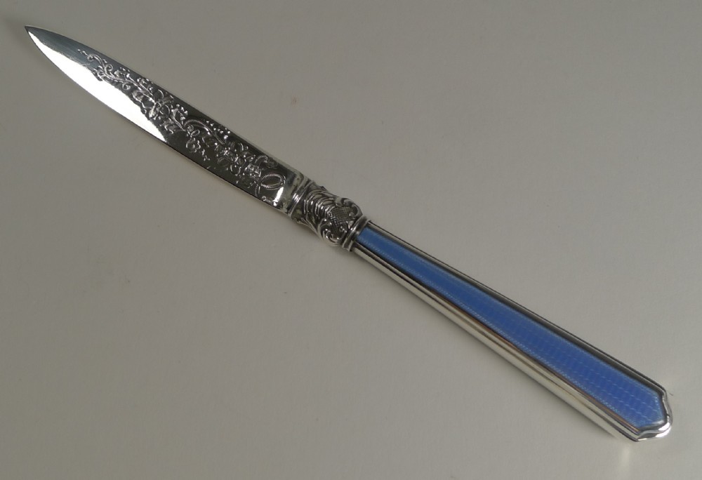 Antique English Sterling Silver & Blue Guilloche Enamel Letter Opener