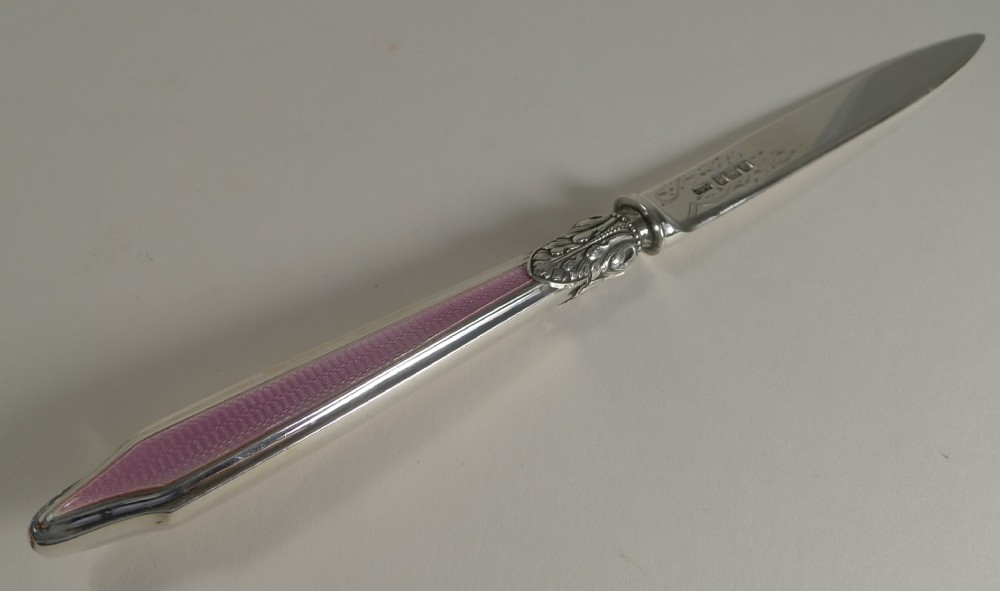 Antique English Sterling Silver & Pink Guilloche Enamel Letter Opener