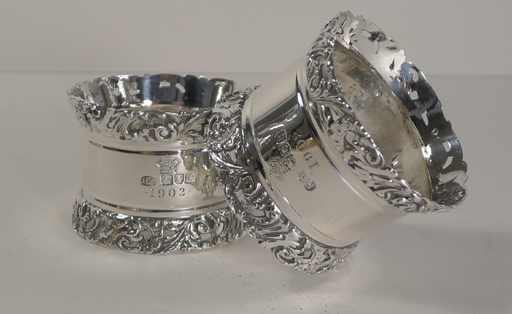 Exceptional Pair Antique English Sterling Silver Napkin Rings - Edward VII Coronation