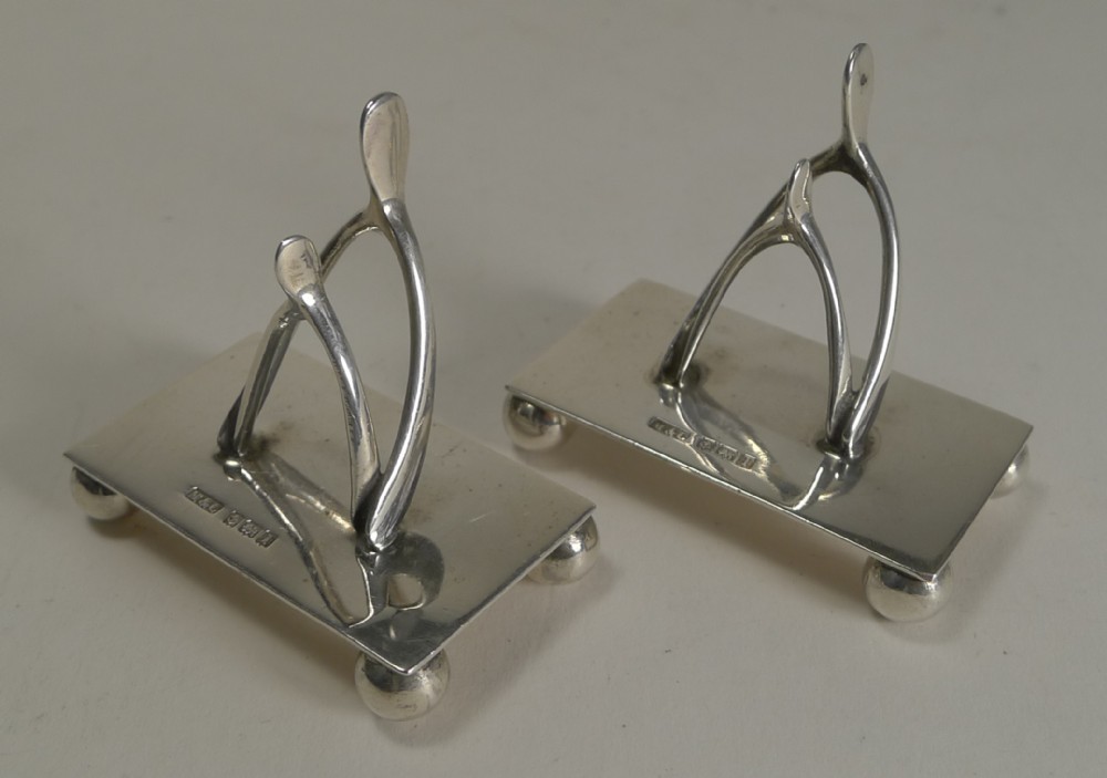 Pair Antique English Sterling Silver Wishbone Menu Holders