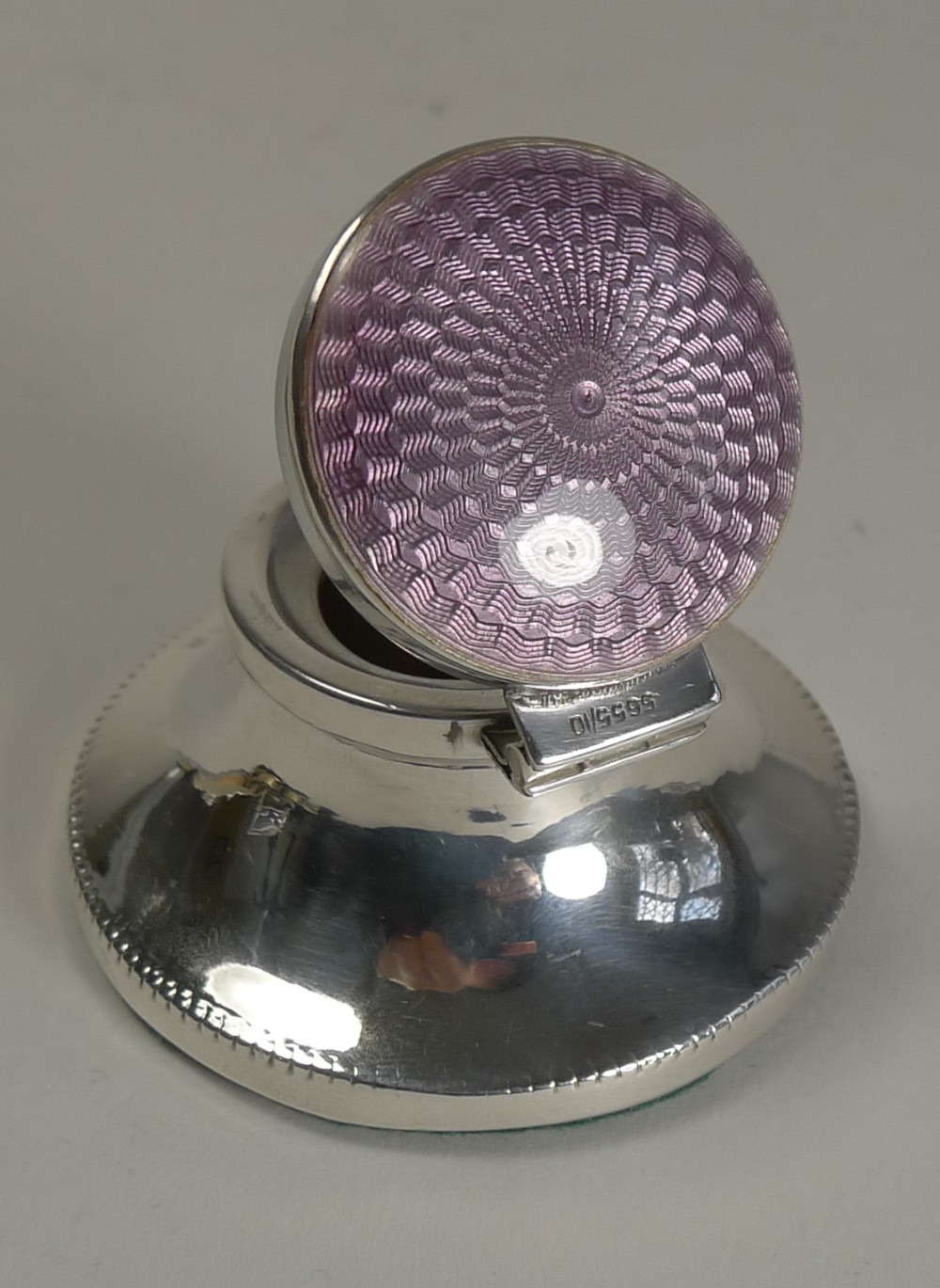 Charming Little Sterling Silver and Lilac Guilloche Enamel Inkwell