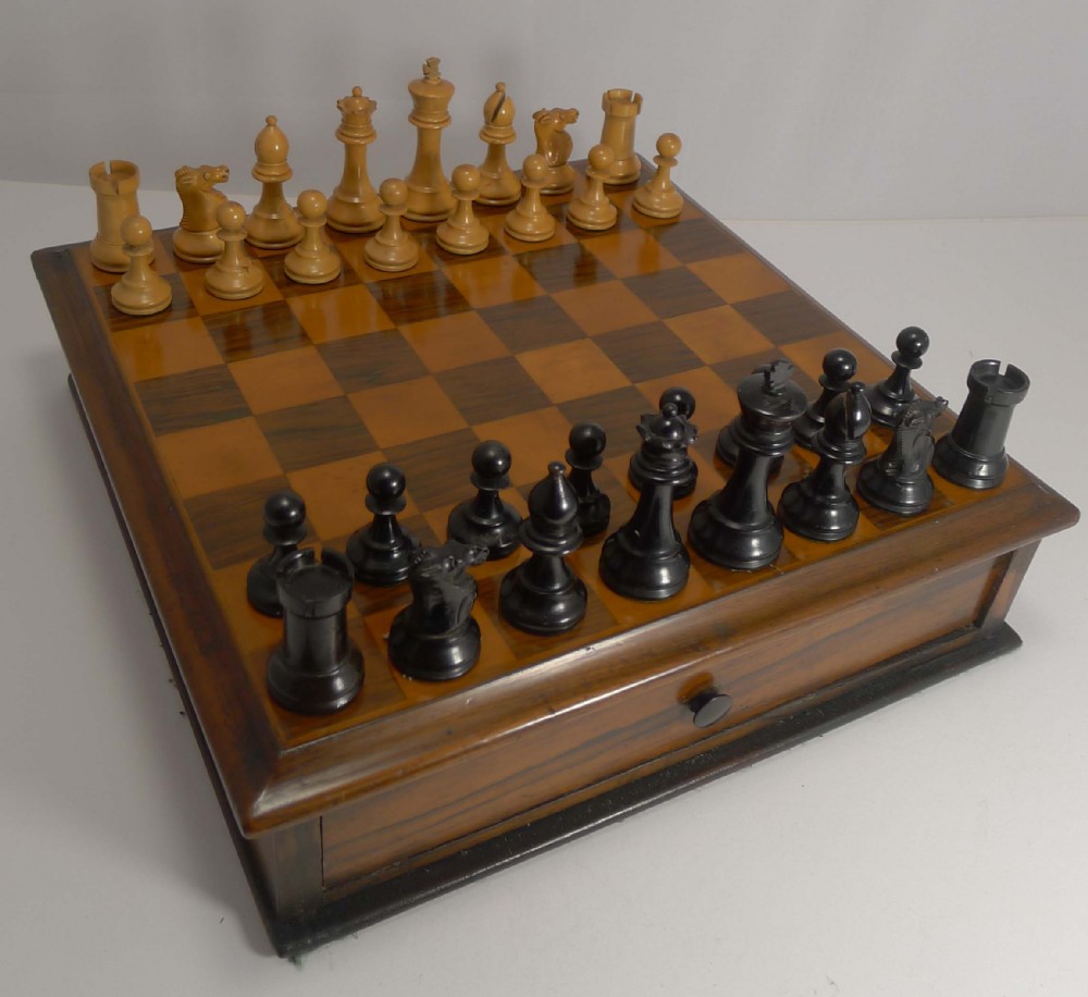 Antique English Games Box - Chess and Draughts; Rosewood and Fruitwood c.1880